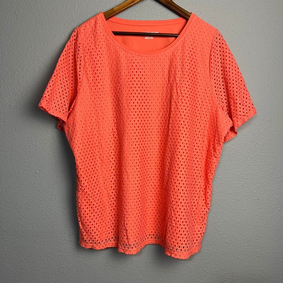 Allison Daley Tops - Allison Daley Women's 2X Cottagecore Coral Knit Lattice Overlay Short Sleeve Top